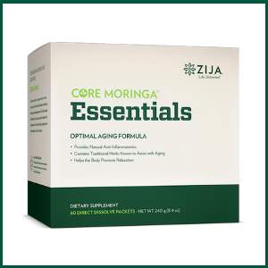 zija core moringa essentials optimal aging formula provides natural anti-inflammatories, contains traditional herbs known to assist with aging, and helps the bod promote relaxation