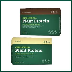 zija core moringa plant protein powder contains a complete protein extracted from moringa oleifera leaves, each serving provides 20 grams of 100% plant derived protein in a proprietary gluten-free, soy-free, and vegan formulation