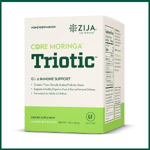 zija core moringa triotic probiotic GI and immune support contains three clinically studied probiotic strains, supports a healthy digestive tract and normal immune defence, formulated for adults and children