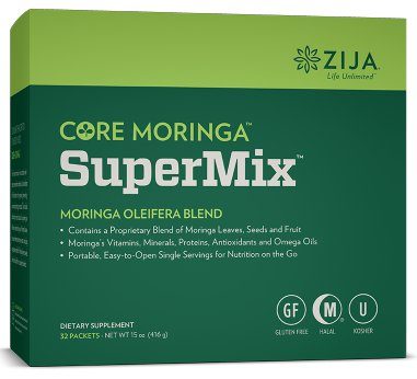 zija core moringa supermix moringa oleifera blend contains a proprietary blend of moringa leaves, seeds, and fruit, moringa's vitamins, minerals, proteins, antioxidants and omega oils, and is portable and easy-to-open for natural nutrition on the go